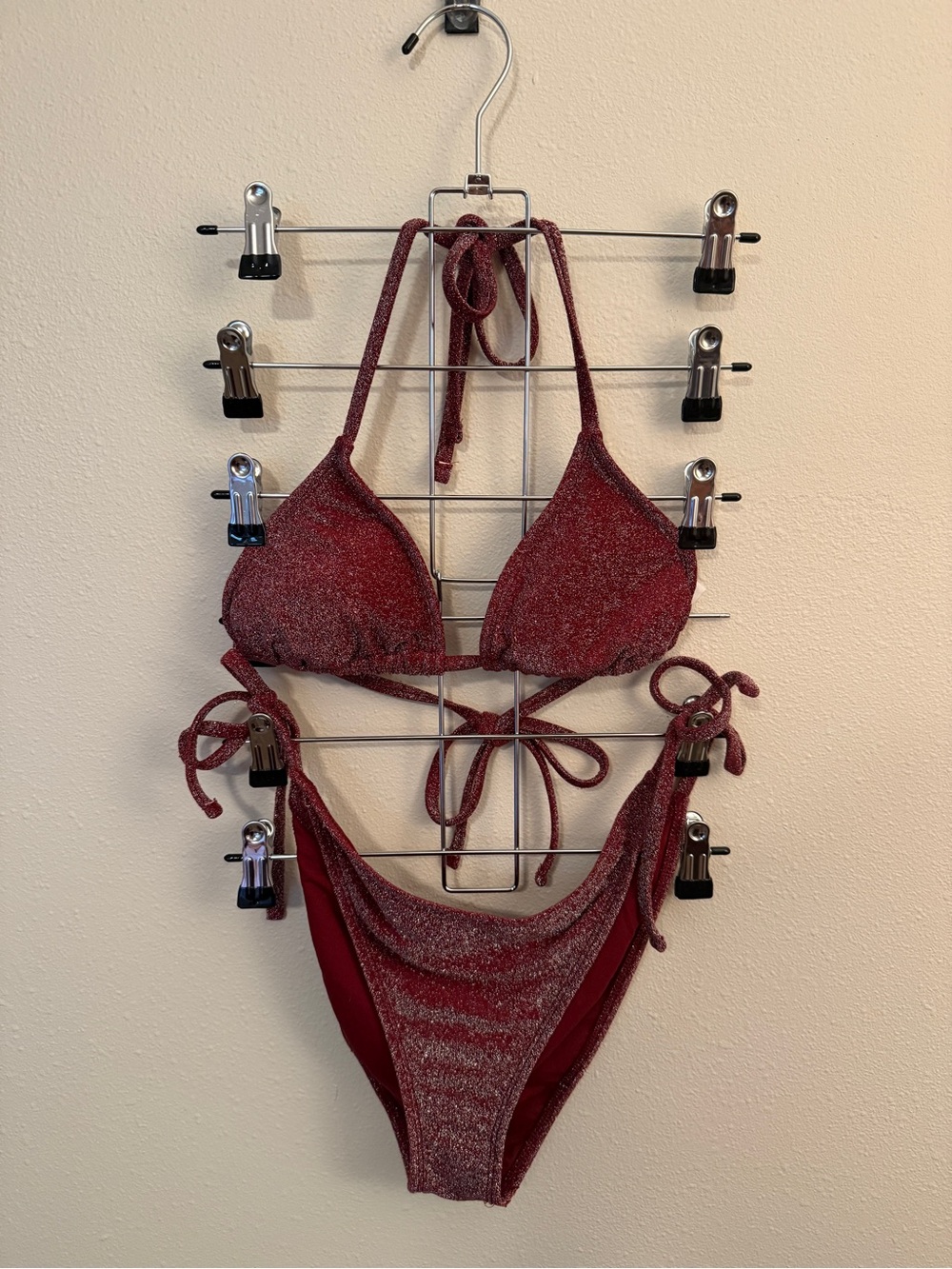 Shimmering Burgundy Tie-Side Bikini Set